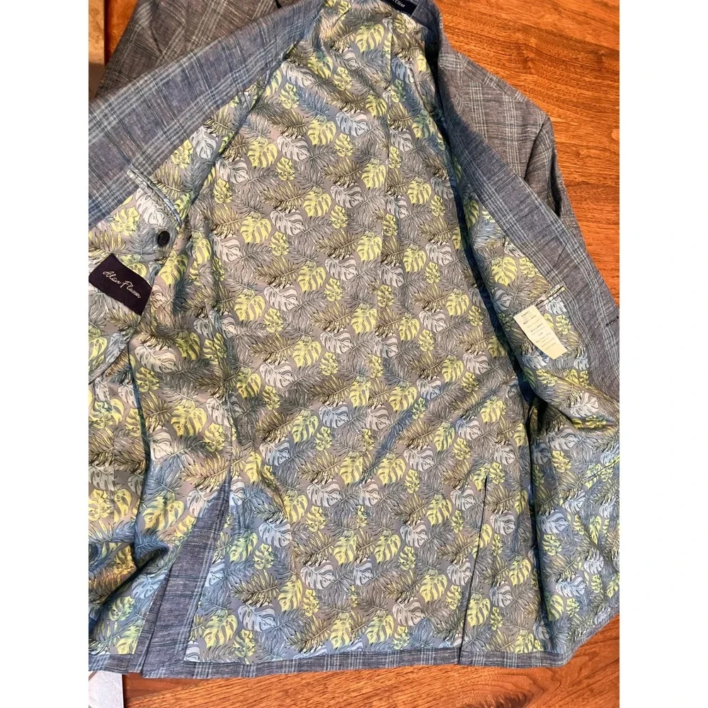 Alan Flusser Mens 44R Blue Plaid Linen Blend Sport Coat Blazer Tropical Preppy
